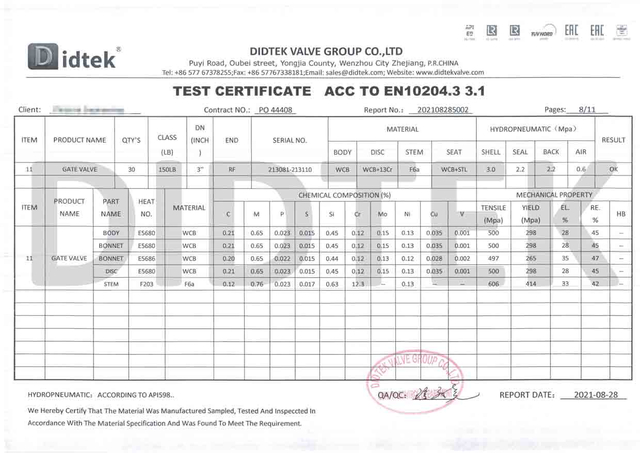 Giấy chứng nhận kiểm tra van cổng ACC đến EN10204.3 3